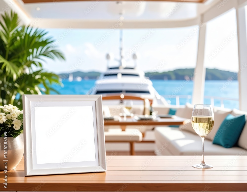 Fototapeta premium Yacht Deck Still Life with Blank Frame Wine and Ocean View