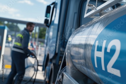 A worker refuels a truck with hydrogen at a fueling station, highlighting clean energy and sustainable transport solutions.