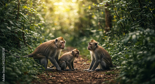 Three monkeys sitting on a path in a lush green forest  
