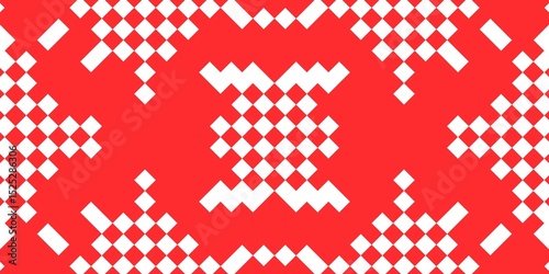Red and White Diamond Grid Pixel Folk Pattern. Good for digital design, crafts, or cultural themes with a modern twist
