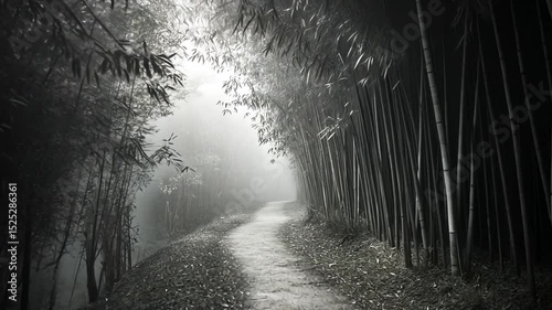 Misty road through a winter forest landscape