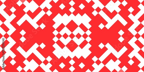 Striking pattern of red and white pixel-style diamonds and angular shapes, arranged in a tribal-inspired, ideal for bold branding, textiles, or digital media needing a handcrafted, cultural touch
