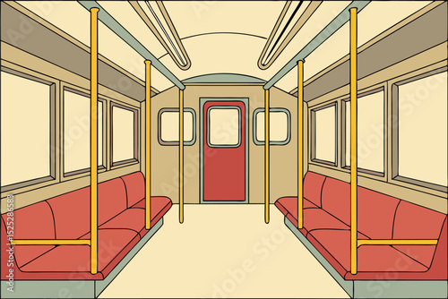 Interior illustration of a retro subway train car with red seats and yellow poles