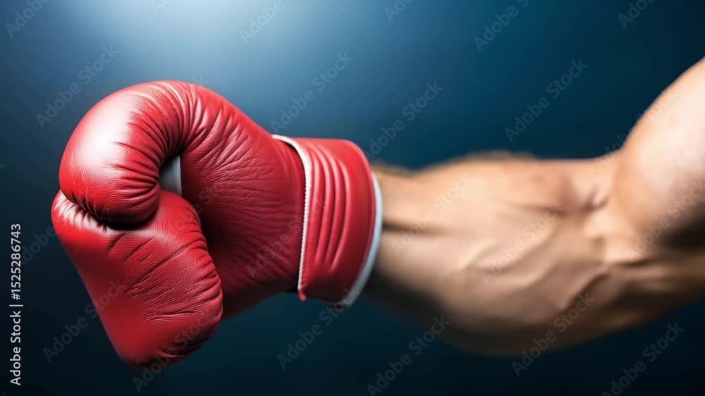 Close-up of a red boxing glove on a strong arm, symbolizing strength, determination, and the spirit of competition in sports.