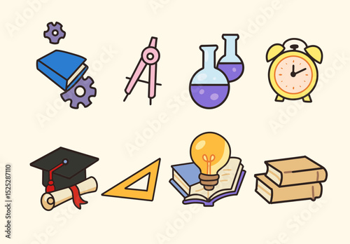 Cartoon Flat Education Icon Set – School and Learning Elements in Vector Style