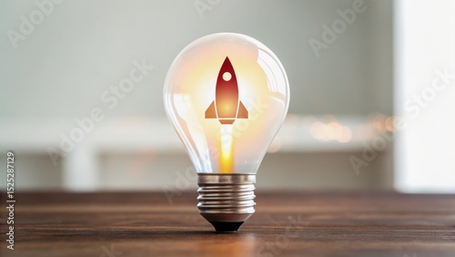 A light bulb featuring a rocket symbolizes ideas, innovation, and creativity in a modern setting.