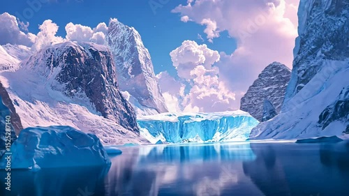 Blue iceberg in the sea, a cold winter landscape of ice and water with snow-capped mountains under an arctic sky