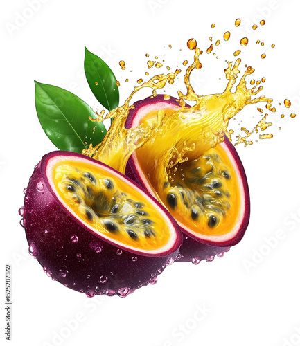 Passion fruit halves, juice splash, vibrant colors, drops, leaves