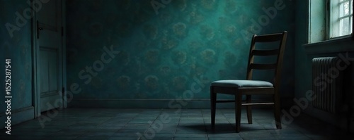 Close-up of a single, empty chair in a dimly lit room, conveying a feeling of profound isolation and solitude The scene is suggestive of loneliness and emotional emptiness , pensive, isolation