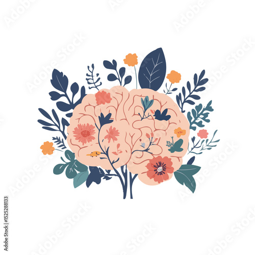 Minimalist Vector Illustration of a Human Brain with Simple Colorful Flowers Blooming Inside to Represent Mental Growth and Positive Thoughts