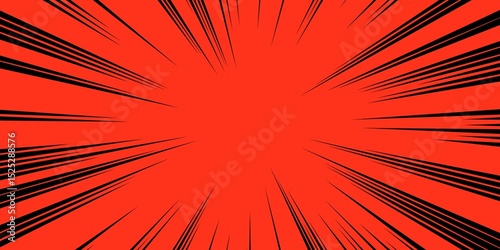 Comic book-style burst effect with black radial speed lines exploding from a vibrant red background. Perfect for action-themed designs, manga-inspired graphics, pop art layouts