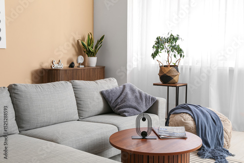 Comfortable sofa, pouf and table in interior of light living room, closeup