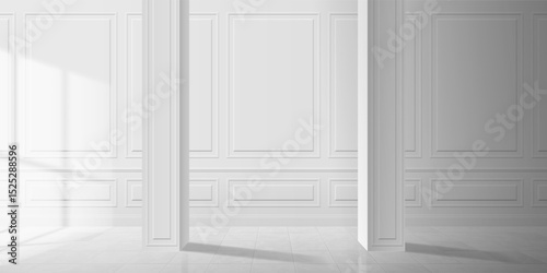 empty classic room interior design wall panels  tiles floor  columns window light vector illustration