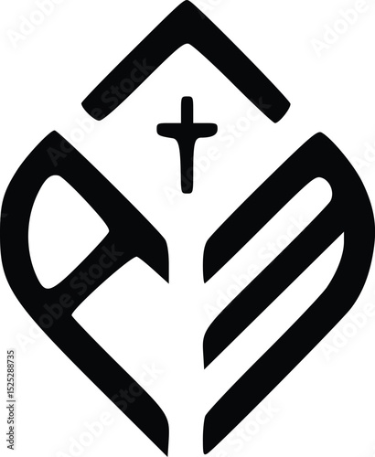 Christian cross logo with hands, bible, and rays religious church ministry emblem in black and white vector design for faith based organizations