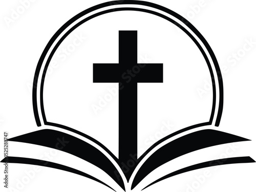 Christian cross logo with hands, bible, and rays religious church ministry emblem in black and white vector design for faith based organizations