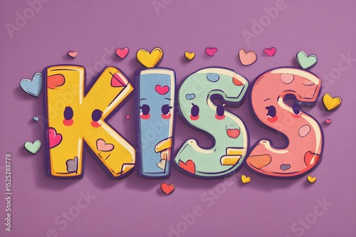 Playful illustration of the word KISS with cartoon faces and colorful hearts. Conveying affection and joy on a vibrant purple background, ideal for romantic and fun design projects.