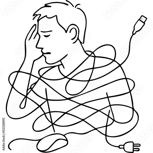 Young man overwhelmed while tangled in computer cables  