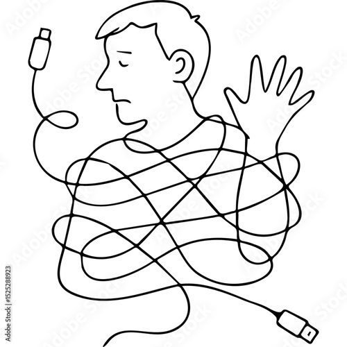 Man entangled in computer cables looking confused and frustrated  