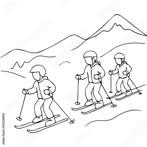 Three children skiing down snowy mountain slope in winter  