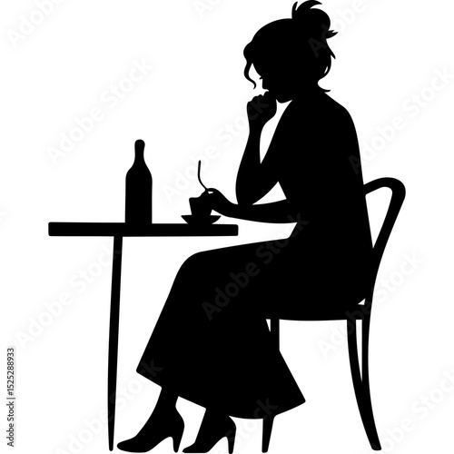 Woman silhouette sitting at table with beverage and contemplative pose  