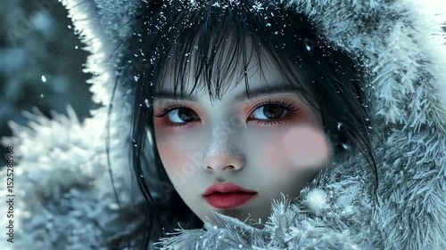 Happy young woman in a fur hat smiling with a child blowing a snowflake, celebrating the beauty of winter and Christmas