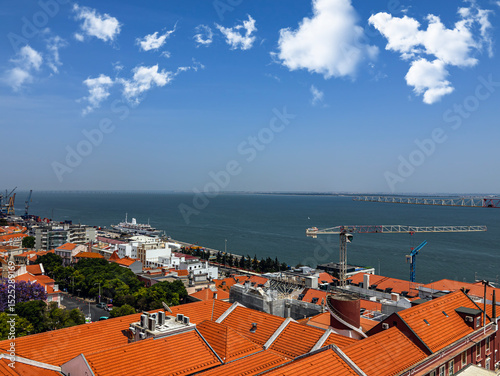 Aerial view of rooftops and the Atlantic Ocean in Lisbon, Portugal.