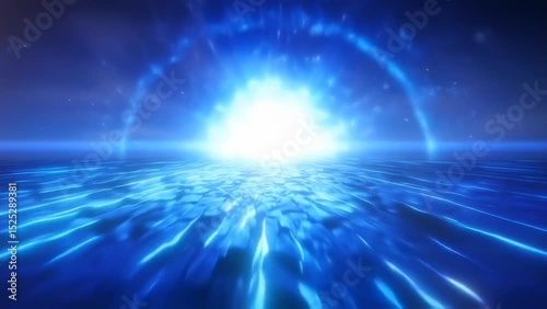 Blue glowing portal rising above calm sea with radiant energy and soft waves
 photo