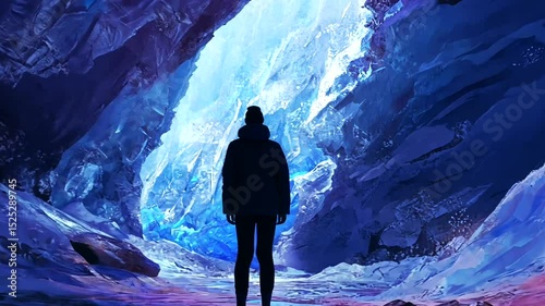 Cave explorer on a mountain adventure, silhouetted against the sky, trekking through a rocky landscape