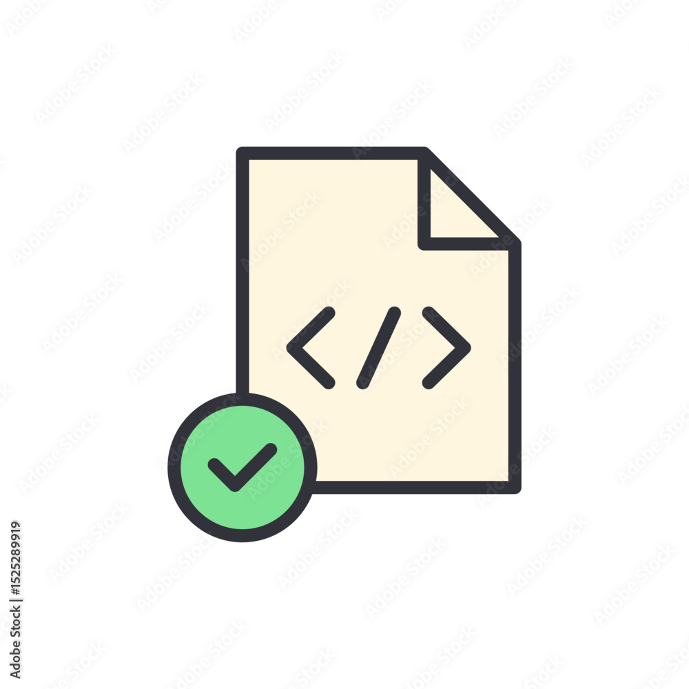Approved File With Programming Code And Validation Checkmark Icon Approved File With Programming Code And Validation Checkmark Icon