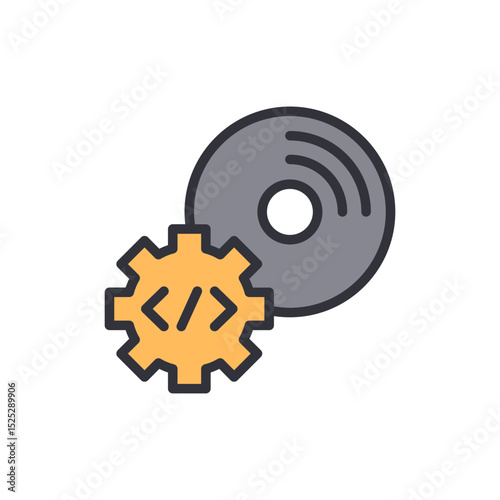 Illustration Of Software Development With Coding Gear And Compact Disk