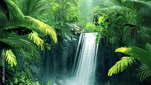 Lush tropical rainforest landscape with a waterfall cascading into a serene jungle garden amongst abundant palm trees and vibrant foliage