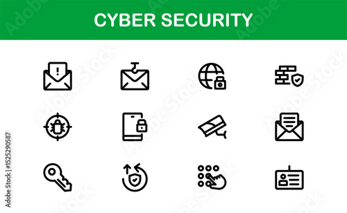 Cyber Security Icon Set in Vector Style Featuring Protection, Privacy, Firewall, and Data Safety Symbols