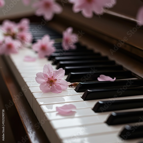 Pink cherry blossom flowers and petals on vintage piano keyboard. Concept of romantic music or melody. Close up view of musical instrument with romantic spring floral decoration. Music background.	
 photo
