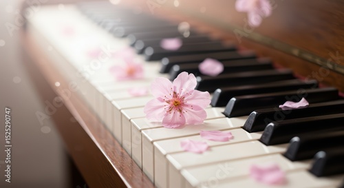 Pink cherry blossom flowers and petals on vintage piano keyboard. Concept of romantic music or melody. Close up view of musical instrument with spring floral decoration for banner.	
