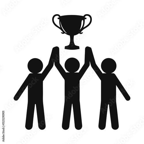 Victorious business people celebrating success with a trophy cup, symbolizing teamwork and achievement Silhouette holding trophy success