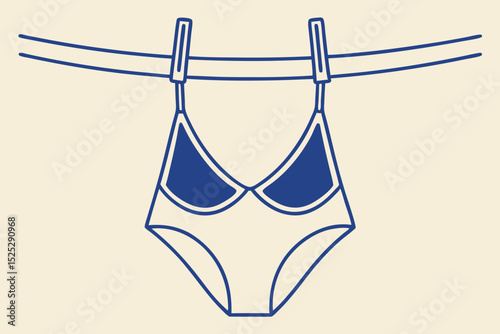 Minimalist illustration of blue lingerie hanging on a clothesline after washing