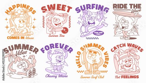 Summer retro cartoon character t-shirt design bundle, Groove cartoon set, Old school cartoon graphic tee for print
