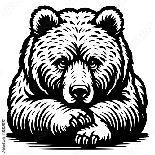 Silhouette of a resting bear with detailed fur texture on a transparent background