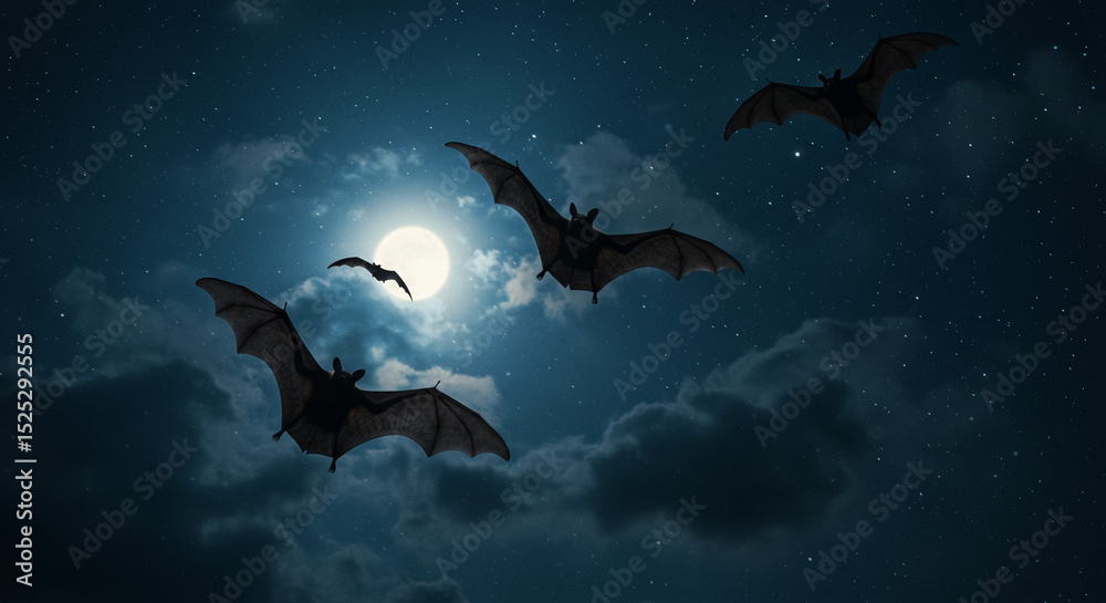Obraz premium Bats flying against a bright full moon in a night sky 