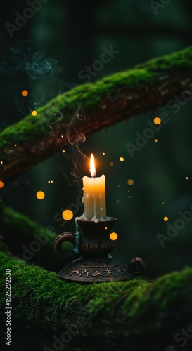 Lit candle on a detailed candlestick surrounded by mossy branches. Mystical and magical concept with an ethereal dark forest backdrop for pagan holiday or spiritual ceremonial practice background.