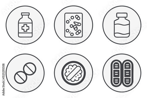 Outline of medical icons including pills, tablets, syringes, and pharmaceutical bottles