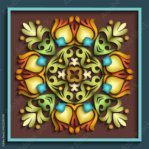 Colorful vector paper cut style floral mandala with layered 3D effect. Perfect for decorative projects, invitations, cards, prints, and ethnic or folk-inspired designs.