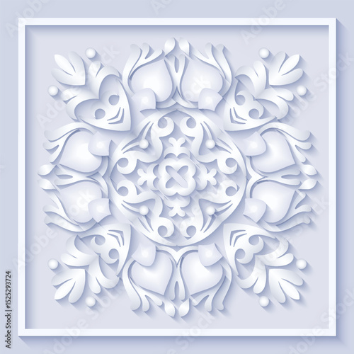 Elegant white paper cut floral mandala with 3D layered effect and soft shadows. Ideal for wedding decor, luxury invitations, laser cutting, and minimalistic design projects.