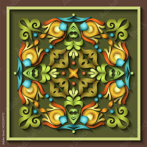 Colorful vector paper cut style floral mandala with layered 3D effect. Perfect for decorative projects, invitations, cards, prints, and ethnic or folk-inspired designs.