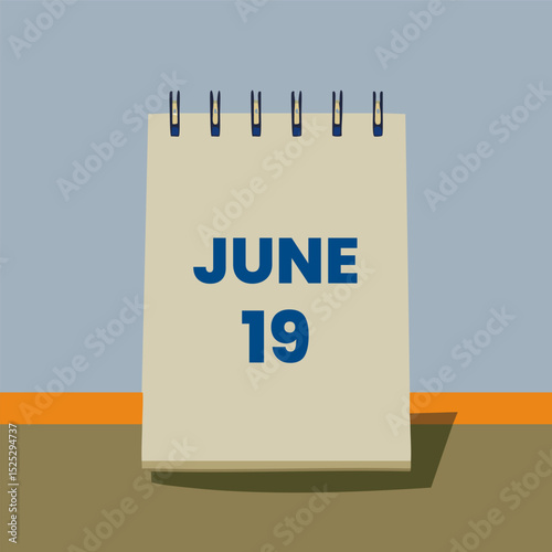 Minimalist desk calendar with bold blue text "JUNE 19" on a neutral background, symbolizing a specific date for scheduling, awareness events, or deadlines