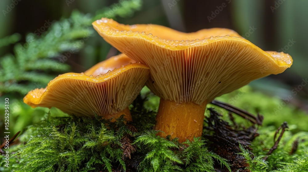 Fototapeta premium Oregon mushrooms detailed macro photography of vibrant golden chanterelles growing in emerald moss with visible gill structures, natural forest lighting creating beautiful bokeh background effect