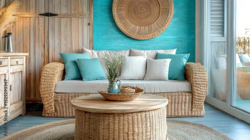 Cozy living space featuring wicker sofa, mint cushions, wooden round coffee table, and turquoise accent wall, Scandinavian design