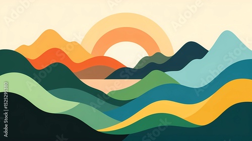 Abstract Colorful Landscape With Wave Patterns and Rising Sun Art