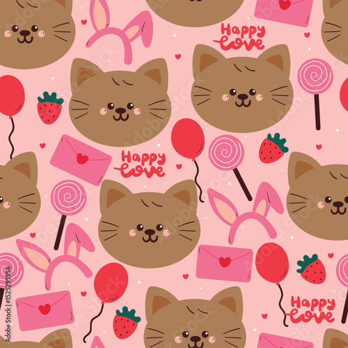 seamless pattern cute cartoon cat with cute valentine stuffs. animal drawing for wallpaper and gift wrap paper