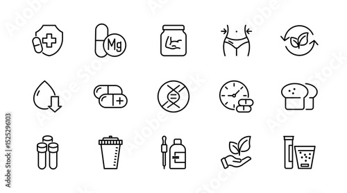 Supplements linear icon set. Fitness, gym, dietary, nutrition, healthy food, detox diet, lifestyle, vitamins, amino acids, natural, herbal, dry, energy outline vector icon set. UI thin line icon pack.